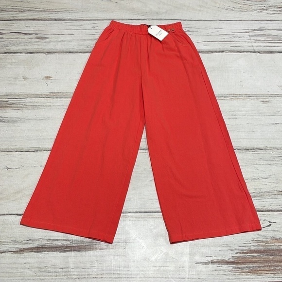 Cellabie Pants NWT Red Orange Wide Leg Cropped Pockets Size Large - Picture 6 of 12